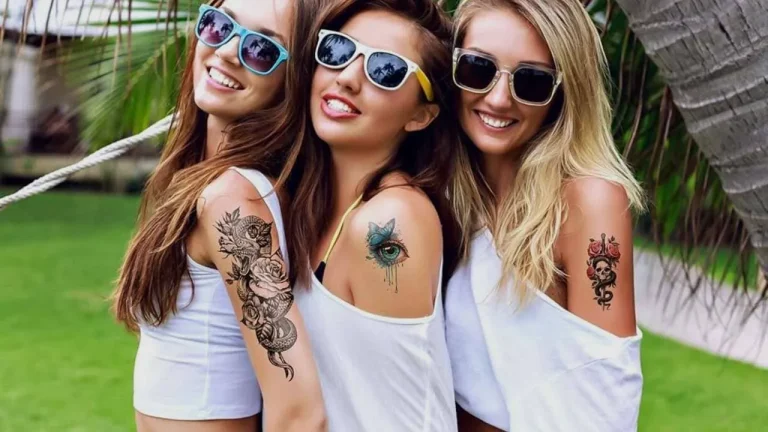 Three women displaying diverse AI-generated tattoos including a fine-line snake, a hyper-realistic blue eye, and a micro-realism skull design.