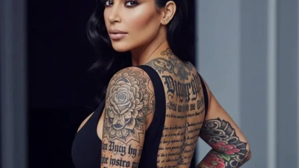 A woman showcasing extensive Memorial Handwriting Tattoos and floral designs on her arm and back.