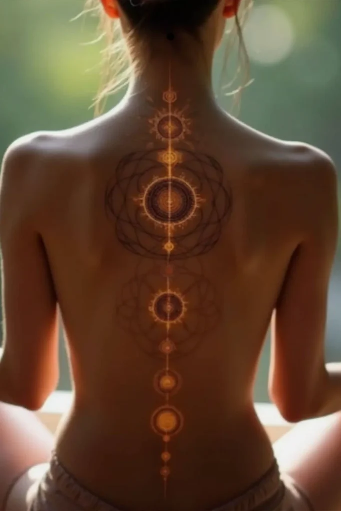 A conceptual Spine Chakra Sacred Geometry Tattoo shown as a glowing, golden vertical design with intricate mandalas and overlapping circles on a woman's back.