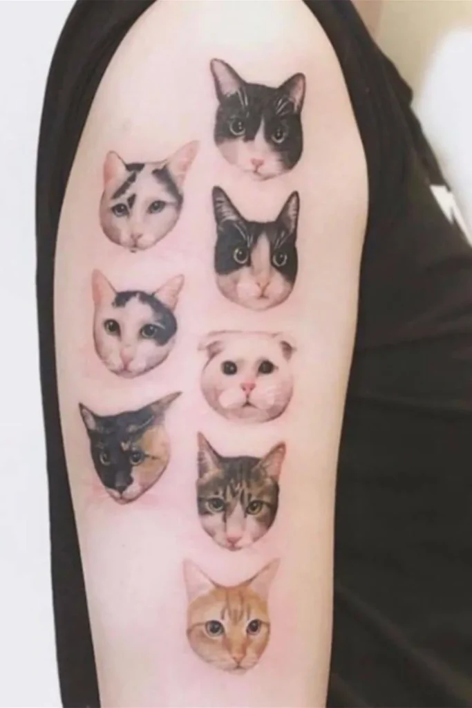 A vertical collection of eight hyper-realistic Micro Realism Pet Memorial Tattoos on a person's upper arm, each featuring a different detailed cat portrait in varying shades of black, grey, and soft color.