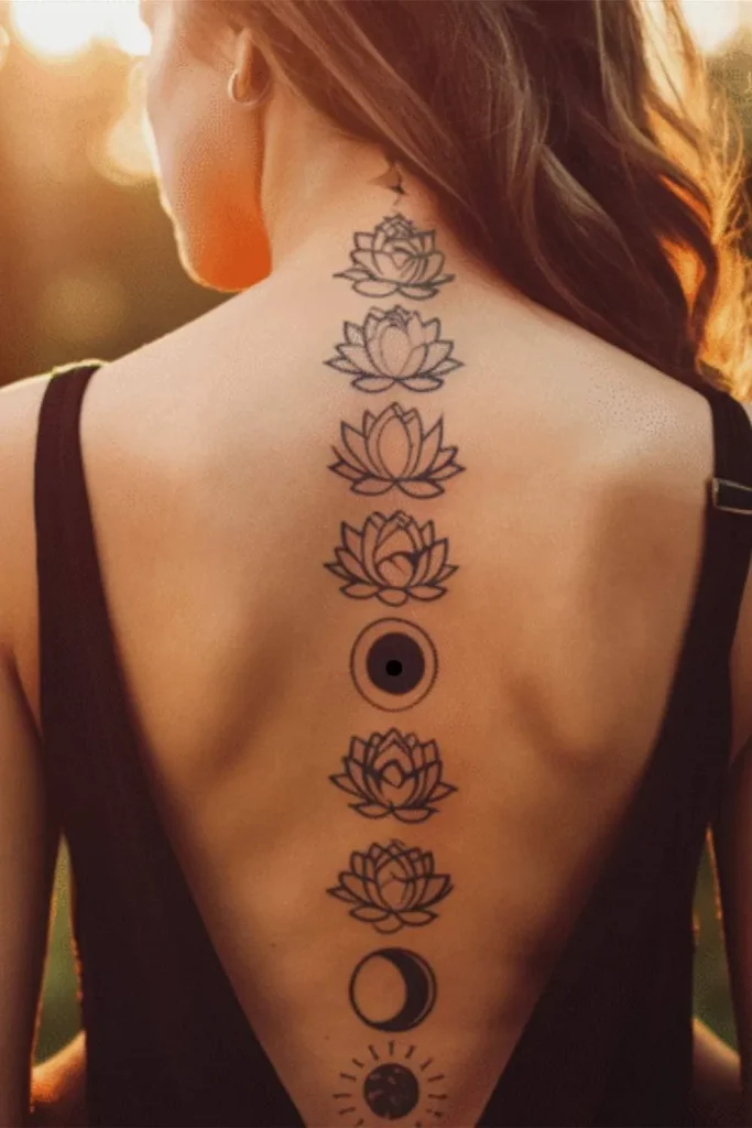 A vertical Spine Chakra Sacred Geometry Tattoo featuring a series of lotus flowers, moon phases, and sun symbols on a woman's back.