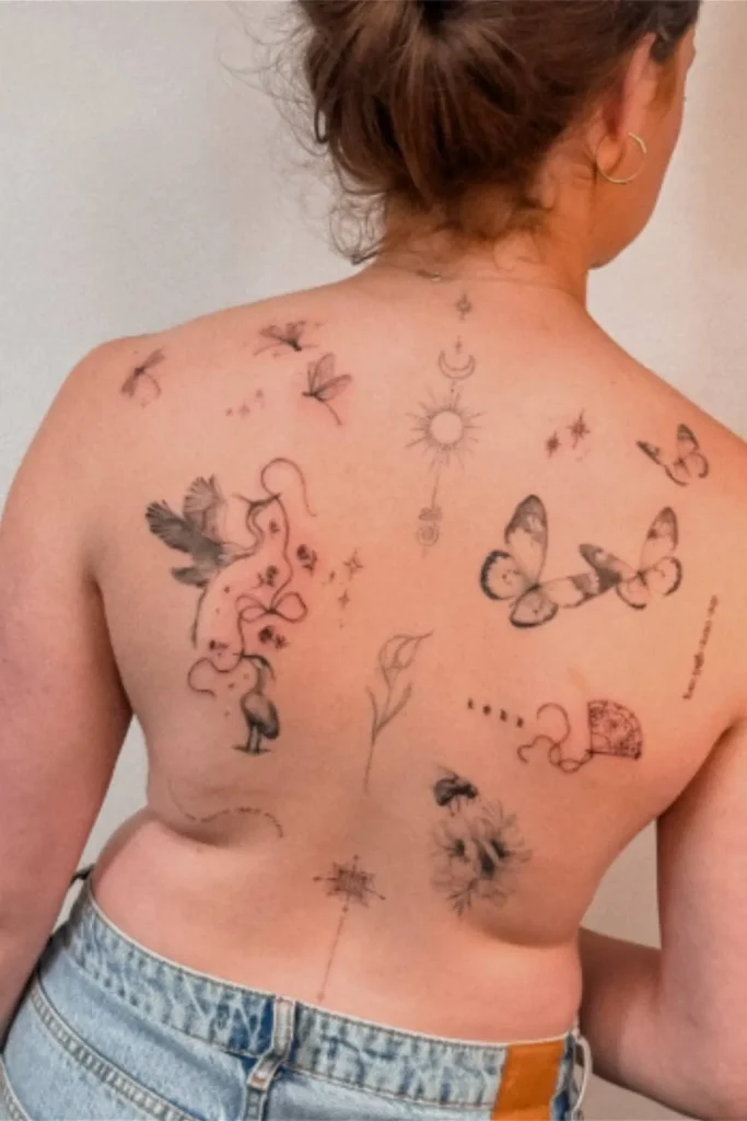 A collection of fine-line cohesive Y2K sticker sleeve tattoos, including butterflies and stars, arranged in a patchwork style on a woman's back.