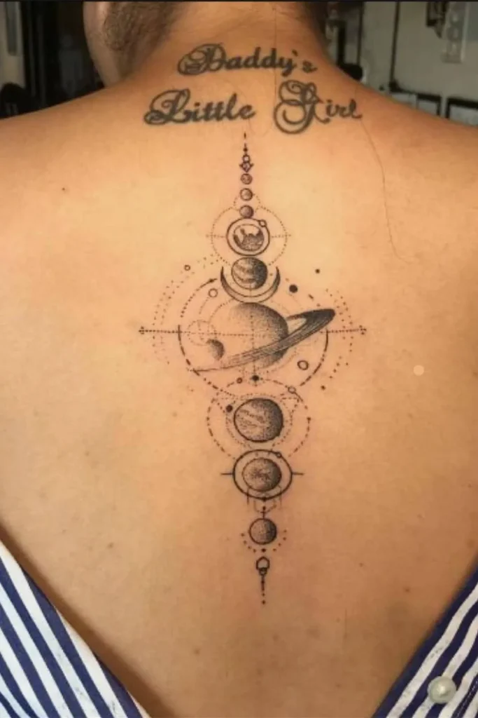 A vertical Spine Chakra Sacred Geometry Tattoo featuring a solar system alignment with planets and geometric orbits on a woman's back.