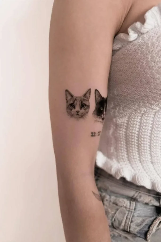 A high-precision Micro Realism Pet Memorial Tattoo on a person's inner arm featuring two small, hyper-detailed cat portraits in black and grey ink.